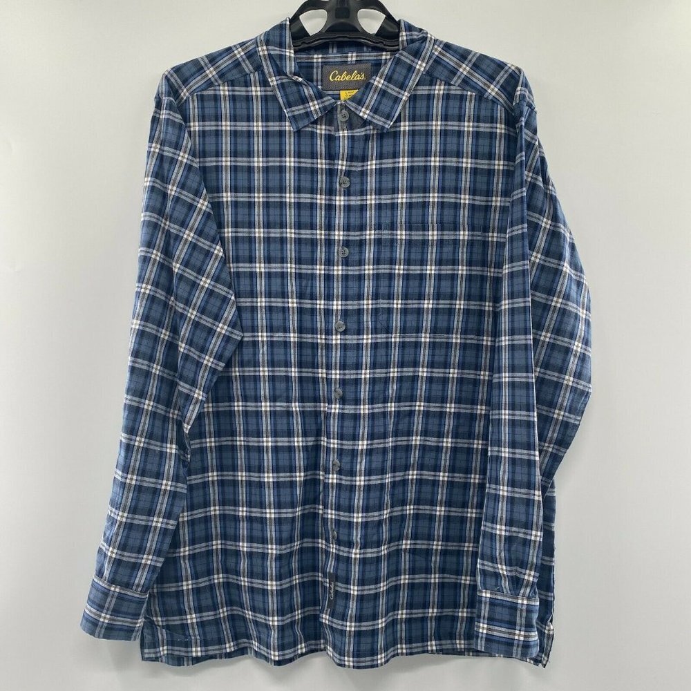 Cabelas Men's Long Sleeve Plaid Button Down Shirt sz L Blue/Gray Made in India